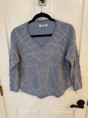 Max & Moi Wool/Cashmere Blue V-Neck Sweater with Contrast Stitch Detail